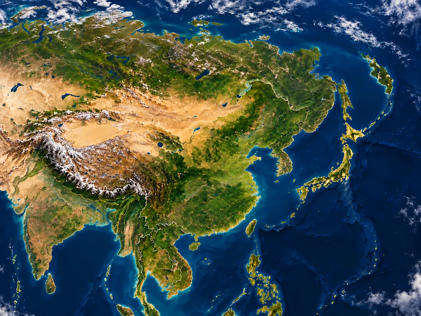 日本とアジア各地を光の線で結ぶ地形図